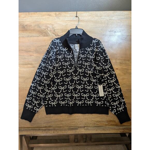Maeve by Anthropologie Sweater Women XS Black White Bows Print Knit Half Zip NWT - Picture 1 of 4